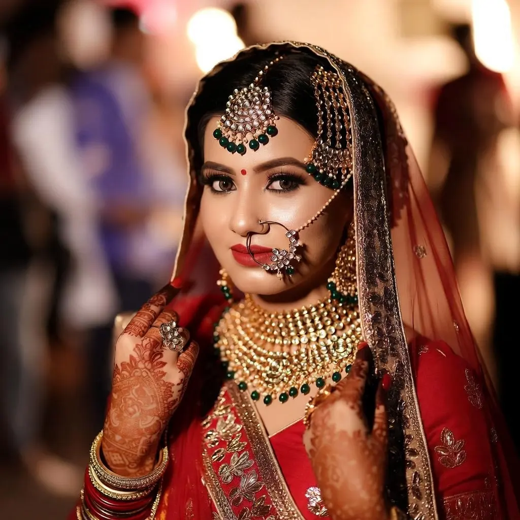 Cinematic portrait of a stunning Indian woman in a traditional red Saree with gold embroidery. She is wearing intricate bridal jewelry (nose ring, heavy necklace). Her hands are decorated with detailed Henna (Mehndi) patterns. Warm, golden lighting illuminates her face. Rich, vibrant colors, shallow depth of field blurring the festive background. 85mm lens, culturally rich, masterpiece.