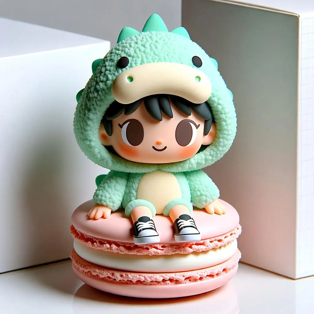 3D character design, blind box toy style. A cute chibi girl wearing a fluffy dinosaur hoodie and oversized sneakers. She is sitting on a giant macaron. Soft clay texture, matte finish. Clean pastel color palette: mint green, baby pink, and cream. Studio lighting, soft shadows, 3D render, C4D, Octane render, high fidelity, 4k.