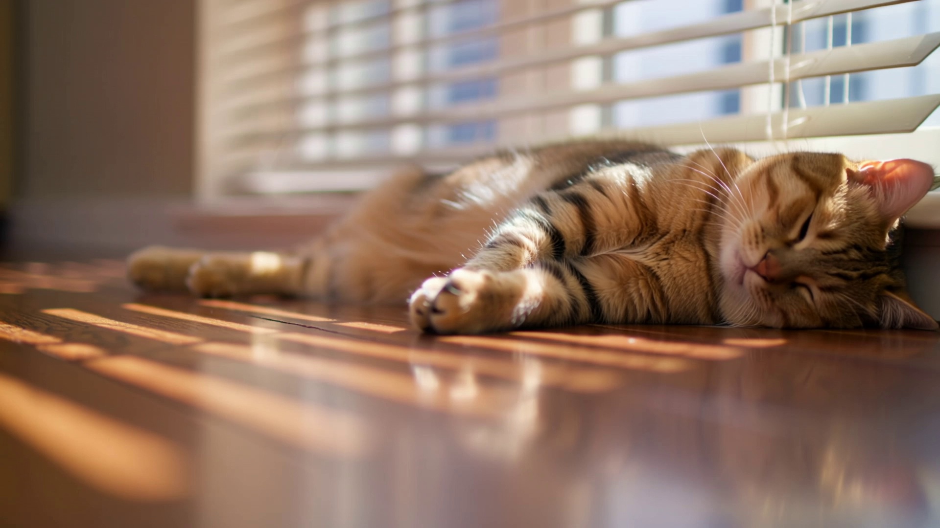 In the afternoon room, sunlight filters through the blinds, creating striped patches of light, and a cat lies on the windowsill. The cat breathes slowly, its body rising and falling with each breath. In the background, the distant, muffled chirping of birds and the rustling of falling leaves are overlaid. The camera focuses on the patches of light on the floor that rise and fall with the breath, creating a serene atmosphere.