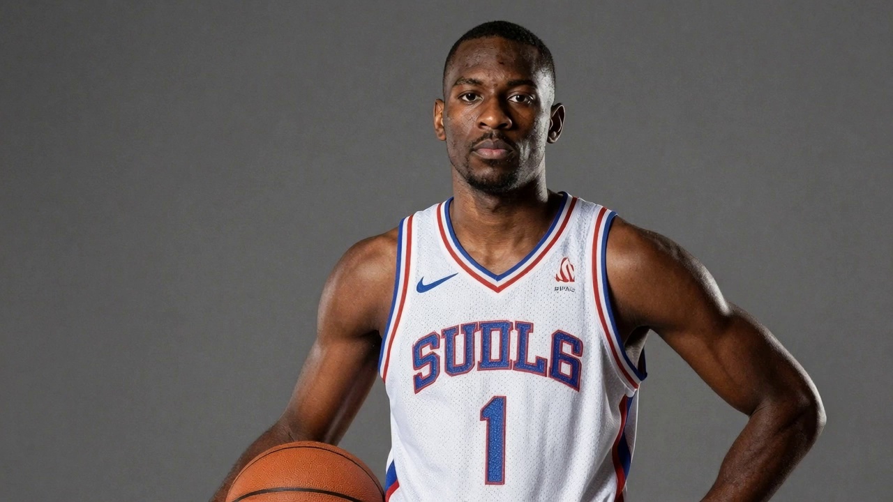 The athlete looks down at the basketball in his hands, slowly rotating the ball to feel the texture, then raises his head to look confidently at the camera again. Light reflects off his skin and the surface of the ball. Slow motion, sports documentary style.