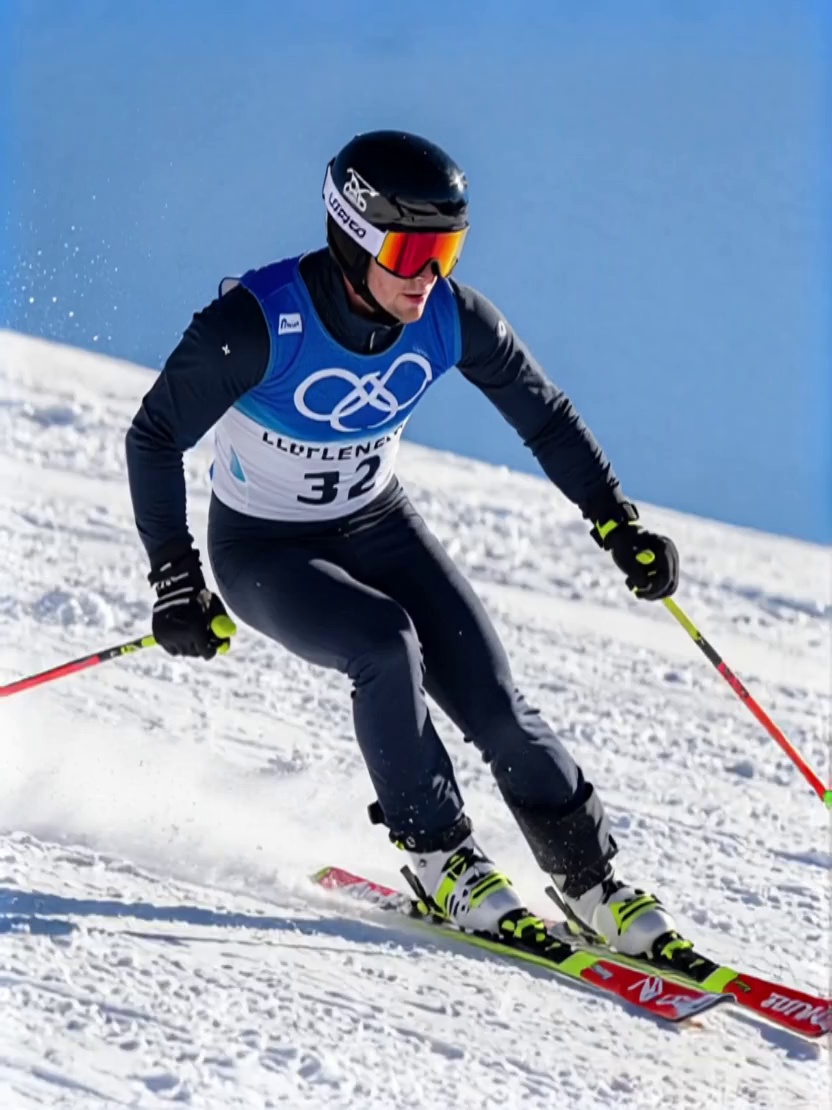 The skier accelerates down the steep slope at high speed, carving sharp turns. Snow sprays violently from the edges of the skis. The athlete's body shifts dynamically from side to side maintaining balance. Tracking camera following the skier, motion blur on background, bright sunlight.