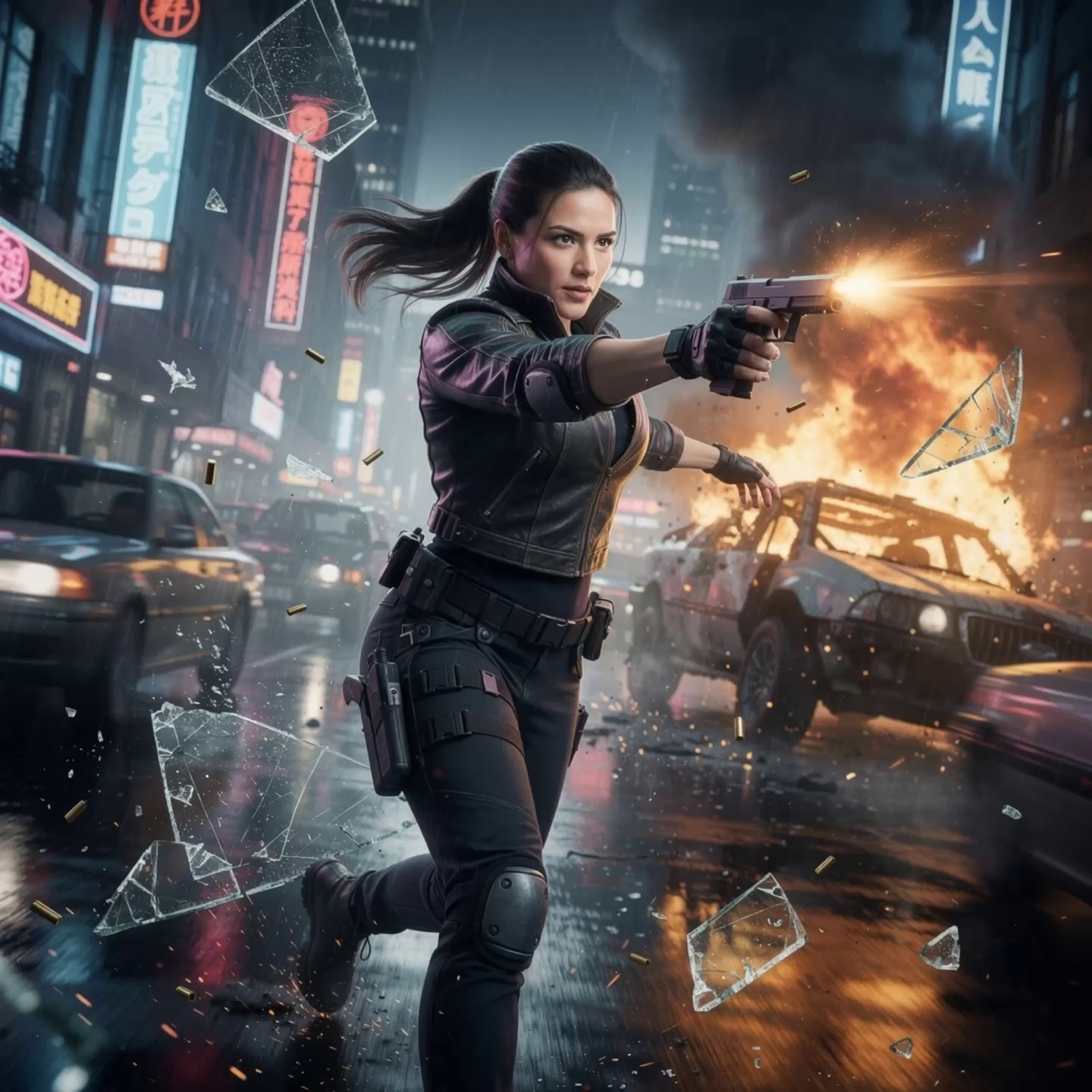 She is running through a neon-lit cyberpunk market. First, she is seen sprinting towards the camera under blue neon lights, expression fierce. Then, the camera pans to follow her as she leaps over a stall into a dark, steamy alleyway lit by red lanterns. Throughout the dynamic movement and lighting shift from blue to red, her facial features, hairstyle, and tactical outfit remain perfectly consistent and recognizable.