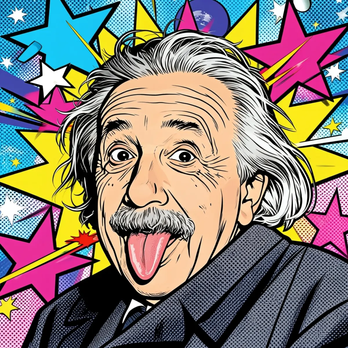Bold pop art poster, 4K resolution, vertical format.
Use image2 as the reference for Albert Einstein’s face and famous tongue-out expression, keeping his facial features clearly recognizable.
Place Einstein as the central figure in the composition, stylized in pop art with thick black outlines, simplified shading and graphic shapes.
Use image1 as the reference for the background: transform the starry sky into a vibrant pop art pattern with large graphic stars, cosmic shapes and halftone dots.
Strong contrasting colors: cyan, magenta, yellow, electric blue and hot pink, screen-print style.
Add abstract rays and comic-style bursts radiating from Einstein’s head to suggest genius and explosive ideas, no text.
Clean poster design, flat color blocks, sharp edges, slight halftone texture, retro pop art, Andy Warhol meets cosmic sci-fi, highly detailed.
1:1 frame