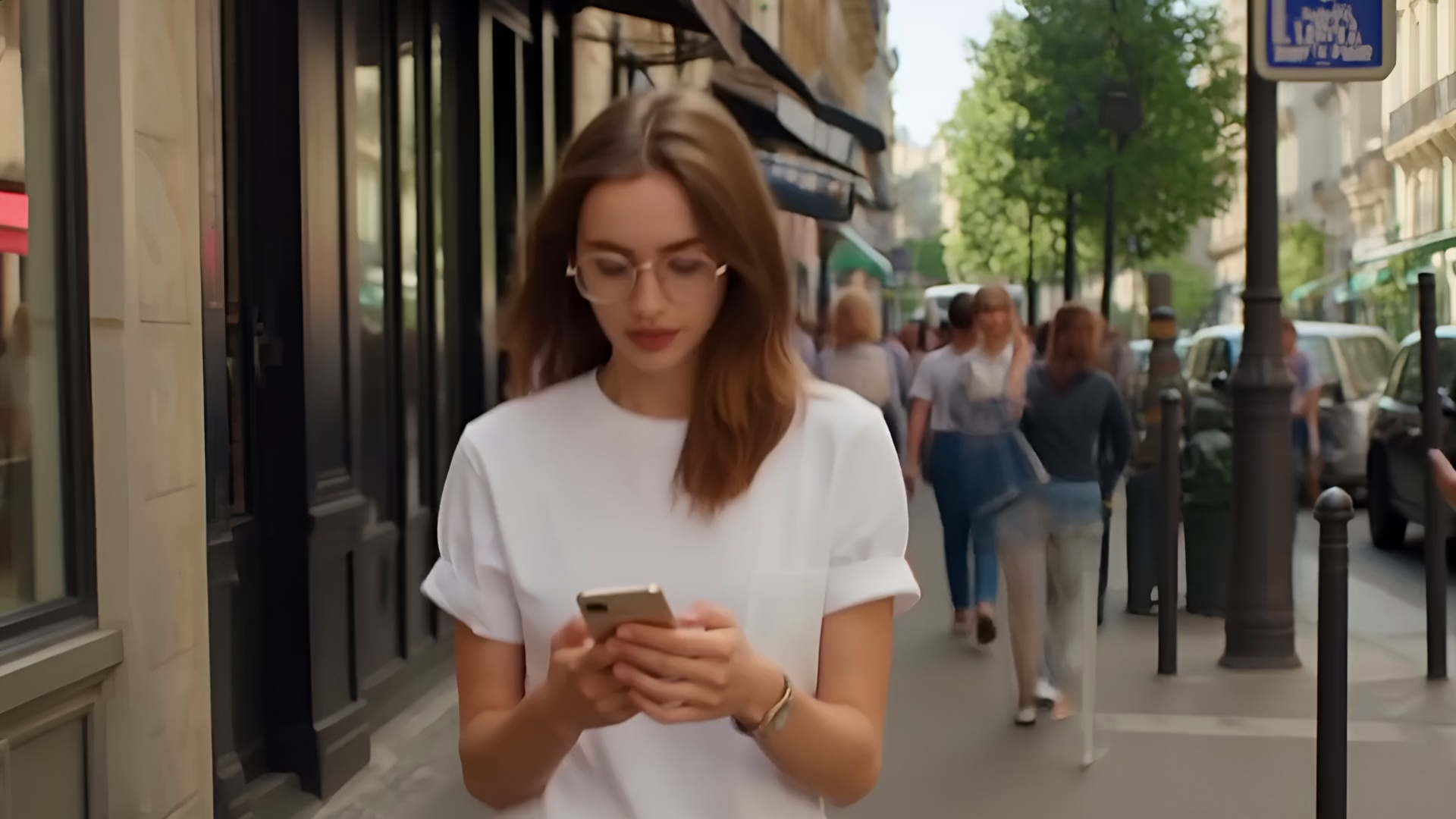A cinematic, photorealistic scene on a bustling, sun-drenched city street (like Paris or New York).

The camera starts with a medium shot, following a beautiful woman in image 2 as she walks alone, perhaps looking at her phone or slightly lost in thought, unaware of her surroundings.

From behind, a man (her boyfriend) in image 1 with a warm, knowing smile, quickly catches up to her.

He gently taps her on the shoulder.

The woman turns around, her face initially showing a look of slight annoyance or confusion. In the exact moment she recognizes him, her expression completely transforms. Her eyes go wide with pure, unadulterated, joyful surprise. A massive, radiant smile breaks out across her face, as if she can't believe he's really there.

She lets out a happy gasp or laugh, and immediately throws her arms around his neck, leaping into his embrace. He catches her, lifting her slightly off the ground as he spins her in a tight hug. They immediately come together in a deep, passionate, and intense kiss, completely lost in their own world as the crowded sidewalk blurs around them in a beautiful bokeh.
They hold their stances, eyes locked, rain streaming down their suits. Suddenly, in a synchronized, powerful motion, both Iron Man and Batman simultaneously launch a fierce punch towards each other. Iron Man's repulsor gauntlet begins to glow with blue energy, while Batman's fist is clenched, muscles taut. The moment of impact is frozen briefly, sparks or rain splashing violently from their fists.