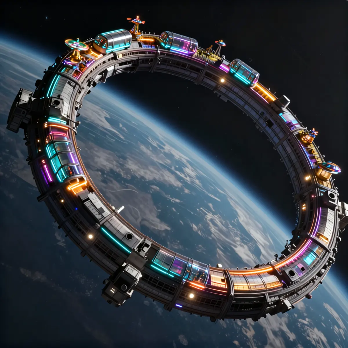 Cinematic sci-fi scene in orbit above Earth.
Use image1 as the reference for the overall composition: the curved ring structure, the angle of the Earth below, the lighting and perspective.
Transform the ring into a colossal space ferris wheel and amusement park: along the outer edge of the ring add large transparent cabins, glowing roller-coaster tracks, small spinning rides and observation pods, all evenly spaced.
The cabins are lit with warm neon colors — cyan, magenta, orange — creating a halo of lights around the dark side of the ring.
Keep the realistic detail level and materials from image1, metal panels, vents and structures, but blend them with the new attractions so it feels like a single coherent design.
Deep black space in the background with a few stars, Earth below with soft blue atmosphere, high resolution, realistic cinematic sci-fi style, no text.