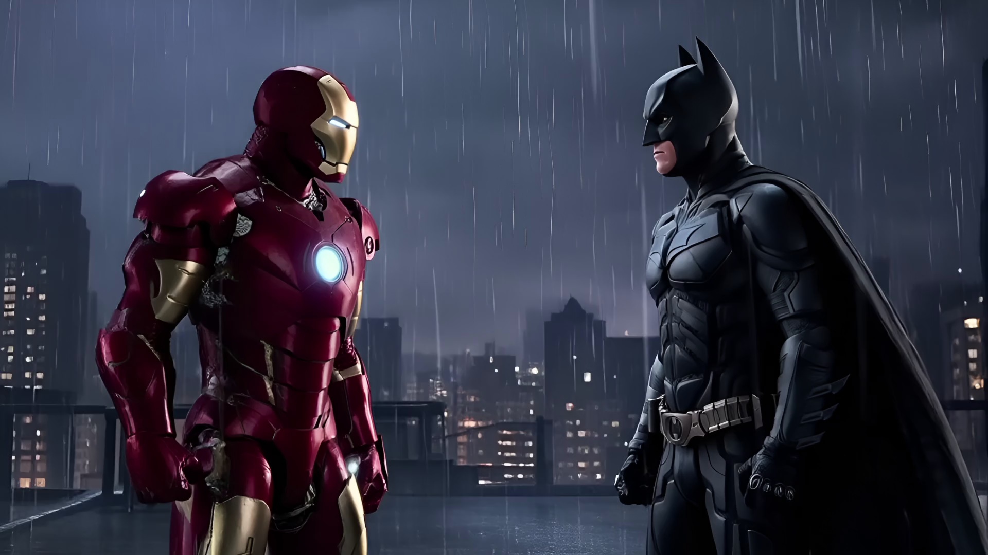 A dramatic cinematic scene. Iron Man in image 1 and Batman in image 2 stand facing each other on a rain-slicked Gotham City rooftop at a dark, stormy midnight. Heavy rain lashes down, illuminated by frequent, blinding flashes of lightning that momentarily silhouette their iconic forms. Thunder rumbles ominously in the background. The atmosphere is extremely tense, charged with an impending clash.

They hold their stances, eyes locked, rain streaming down their suits. Suddenly, in a synchronized, powerful motion, both Iron Man and Batman simultaneously launch a fierce punch towards each other. Iron Man's repulsor gauntlet begins to glow with blue energy, while Batman's fist is clenched, muscles taut. The moment of impact is frozen briefly, sparks or rain splashing violently from their fists.

