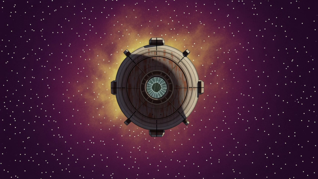 A massive generation ship drifts through a nebula of purple and gold gas clouds. Camera slowly pushes through the ship's cracked observation window into the interior, revealing an overgrown biodome where trees have overtaken the corridors and deer graze between rusted control panels. Shafts of starlight penetrate through hull breaches. Post-apocalyptic sci-fi meets Studio Ghibli aesthetic, volumetric god rays, 4K cinematic.