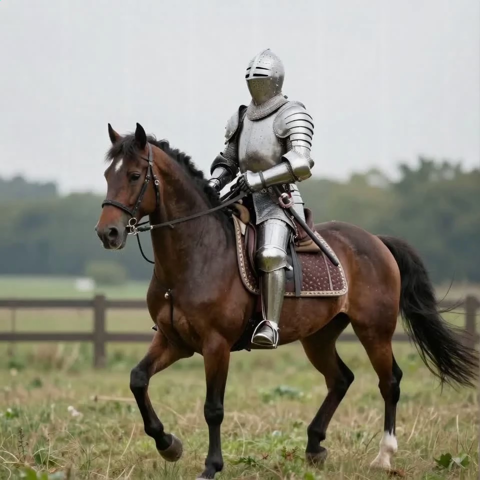 Photorealistic cinematic shot of a rider on a powerful, muscular horse galloping through an open, sunlit field. The rider, dressed in rugged equestrian gear, suddenly exhales sharply — “吁~” — as they firmly grip the reins and bring the horse to an abrupt, natural stop. The horse’s muscles tense, its ears flicking, eyes locked forward with alertness, head slightly lowered in controlled stillness. Natural lighting casts dynamic shadows across the terrain, with realistic textures on the horse’s coat and rider’s clothing. The background is a blurred, expansive landscape — grassy plains, distant trees — emphasizing motion and sudden halt. High detail, accurate anatomy, lifelike motion, and authentic equestrian realism. Medium shot, eye-level perspective, capturing the tension and calm after the stop.