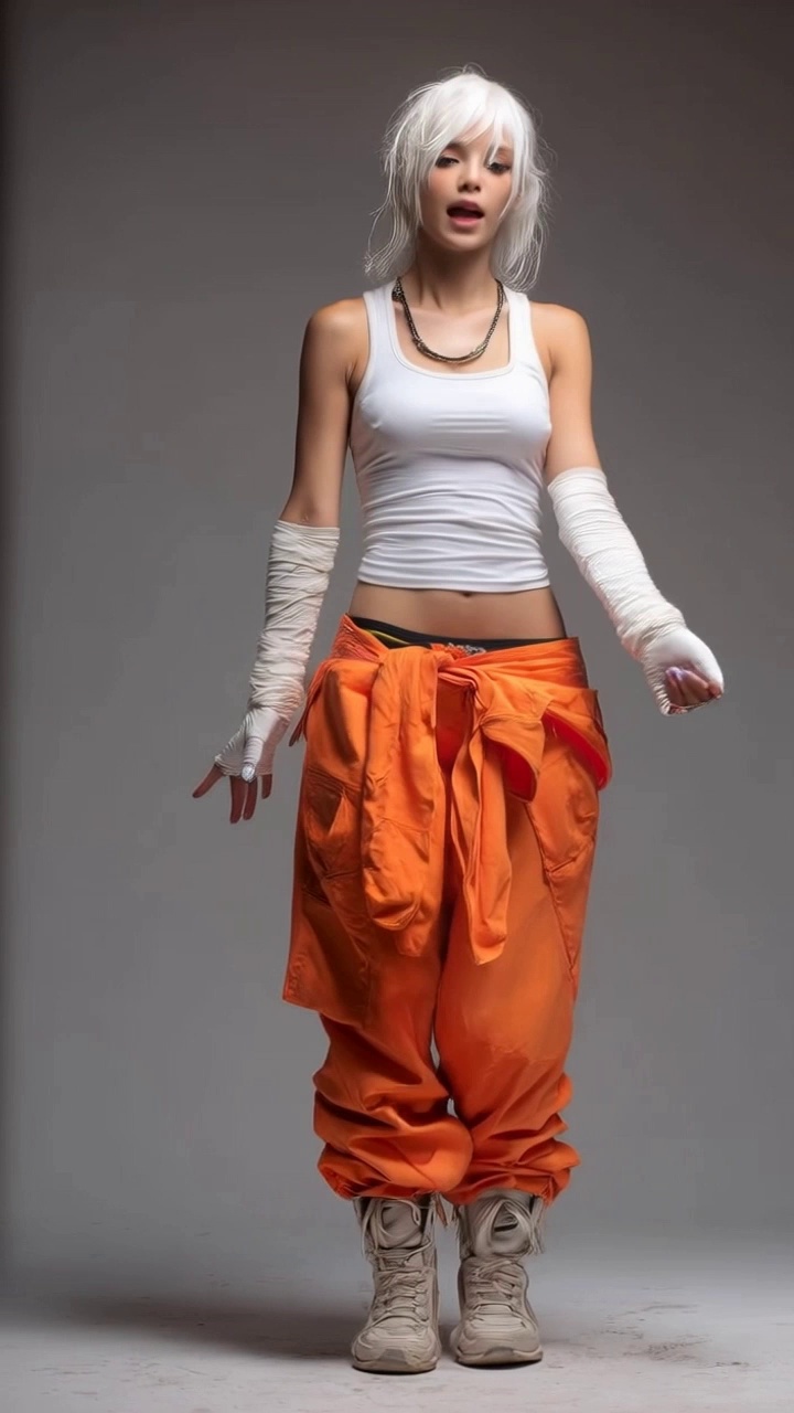 Produce a video of the girl from the video performing the actions shown in the image.