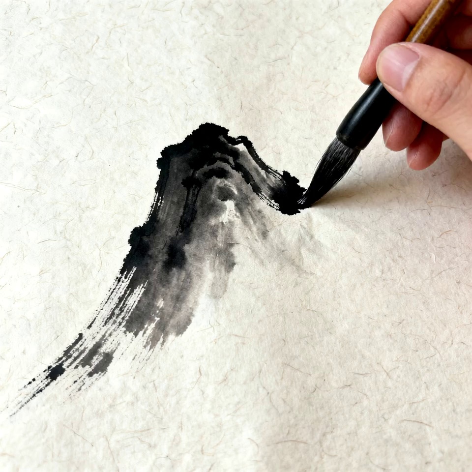 As the brush moves, the ink bleeds and blossoms across the paper, forming distant mountains and fog. The static ink lines then begin to subtly animate: the painted clouds start to drift, and a painted waterfall begins to flow.
