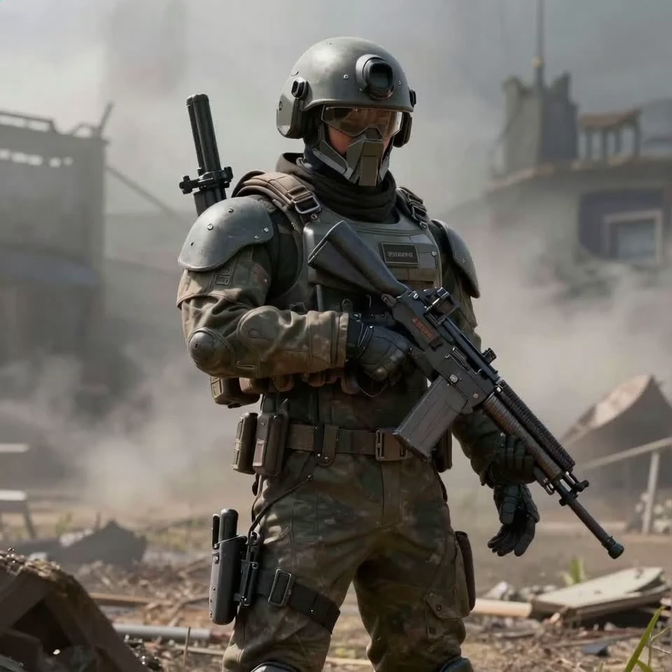 The soldier moves from a static position, raising his rifle into a ready-to-fire stance, and begins to advance slowly and cautiously through the rubble. The smoke in the background thickens, and wind blows, kicking up dust from the ground. Handheld camera style with slight shake, adding immediate urgency.