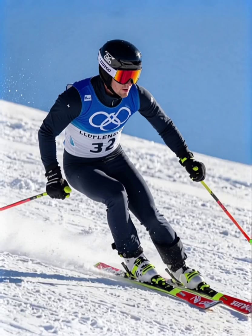 The skier accelerates down the steep slope at high speed, carving sharp turns. Snow sprays violently from the edges of the skis. The athlete's body shifts dynamically from side to side maintaining balance. Tracking camera following the skier, motion blur on background, bright sunlight.