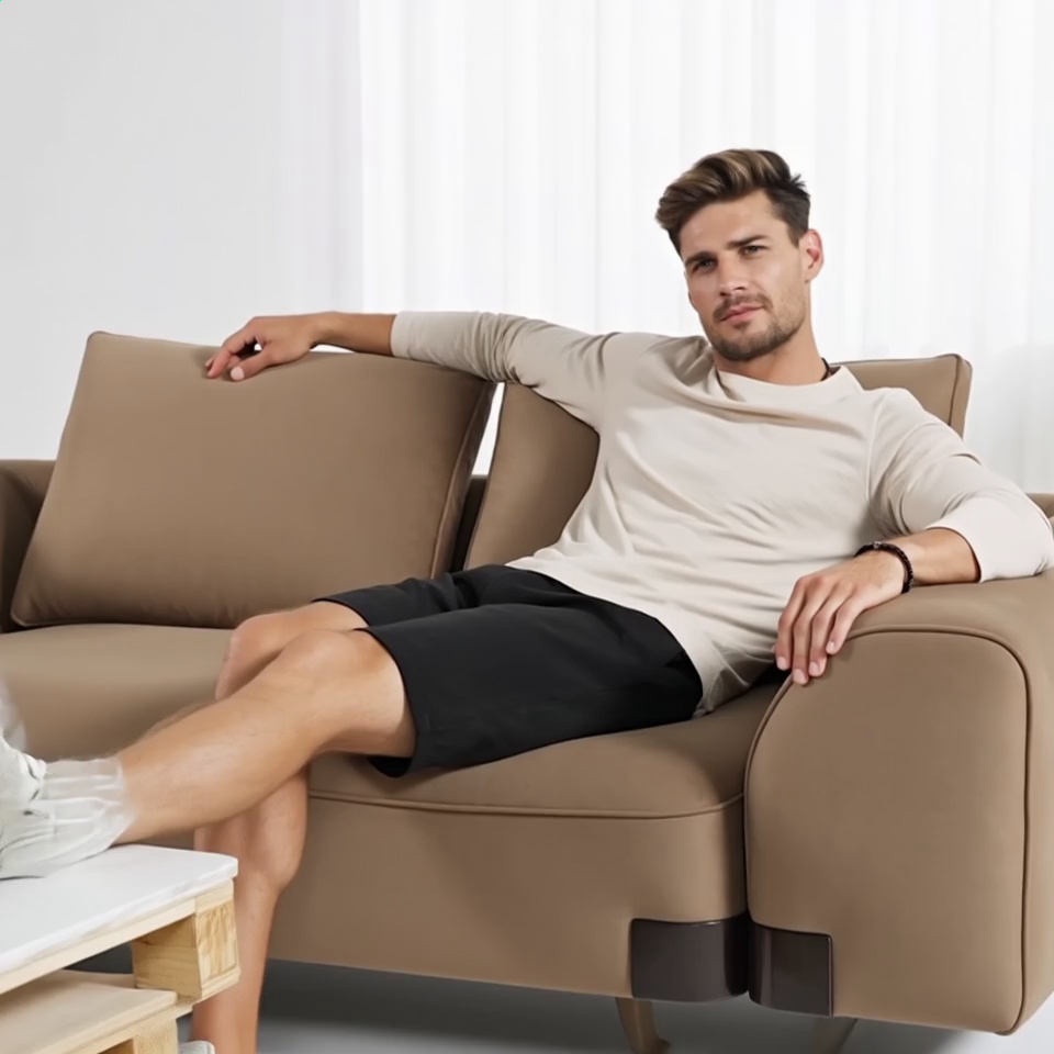 The man in Figure 2 looks very comfortable and relaxed when sitting on the sofa in Figure 1. Advertising style, showing the comfort of the sofa
