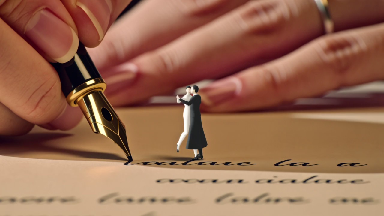 A woman sits at a café table writing a letter. As each word flows from her pen, the ink lifts off the paper and forms tiny animated scenes floating above the page — a miniature couple dancing, a train crossing a bridge, a house with smoke rising from its chimney. Her tears fall onto the paper, causing the ink scenes to dissolve into abstract watercolor blooms that spread across the table surface. Intimate close-up gradually widening, warm but melancholic lighting, Wong Kar-wai color palette.