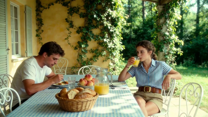 Outdoor terrace of a European villa, by a dining table with a blue and white checkered tablecloth, a young white woman in a blue and white striped short-sleeve shirt and khaki shorts, with a brown belt, sits barefoot, opposite a young white man in a white T-shirt.

The camera zooms in, the woman swirls the juice in a glass, her eyes looking at the distant woods, and says, "These trees will turn yellow in a month, won't they?"

Close-up of the man, he lowers his head and says, "But they'll be green again next summer."

Then the woman turns her head, smiles at the man opposite, and says, "Are you always this optimistic? Or just about summer?"

Then the man lifts his head, looks at the woman and says, "Only about summers with you."