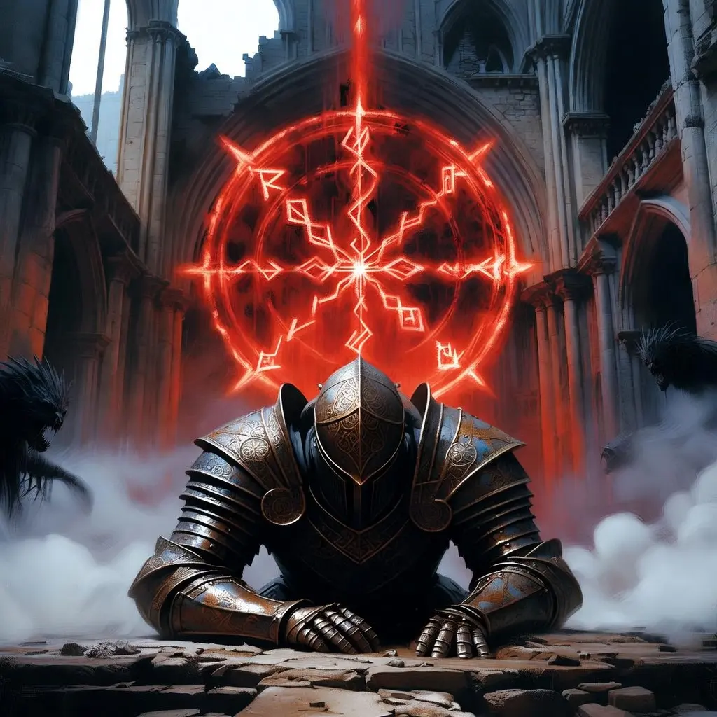 Dark fantasy concept art. A fallen knight in rusted, ornate armor kneeling in a ruined gothic cathedral. A massive, glowing red rune floats in the air above him. Fog rolls across the floor. Dramatic, high-contrast lighting. Shadows hide terrifying creatures in the corners. Oil painting texture, intricate details, cinematic composition, gloomy atmosphere.