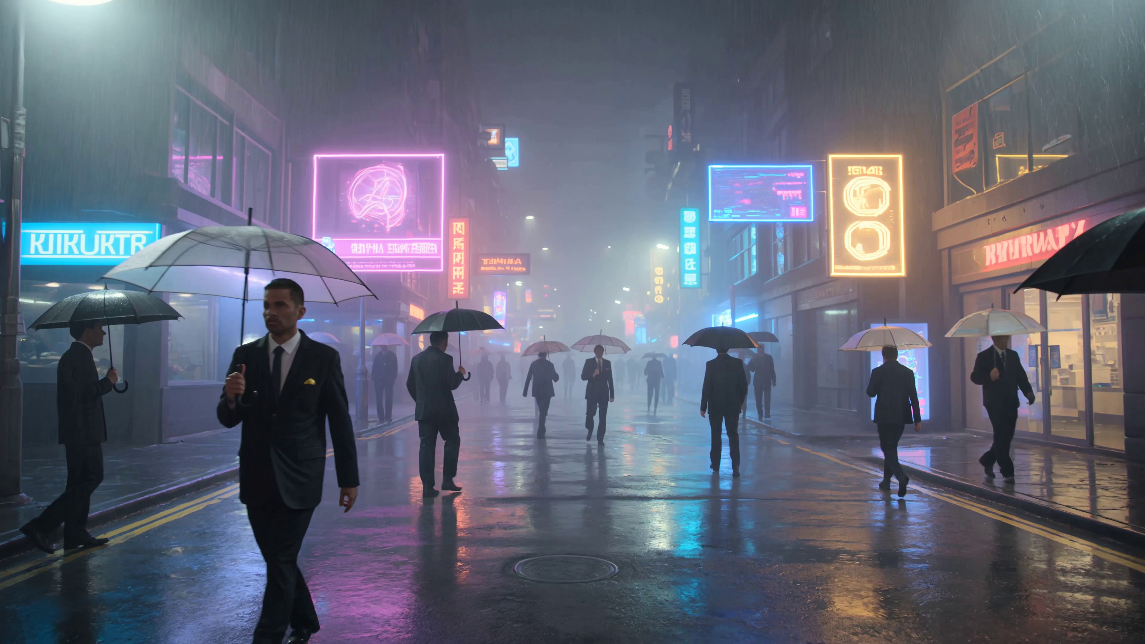 A cyberpunk street at night in heavy rain, neon signs flickering.  
Crowds with umbrellas walking through reflections on wet asphalt.  
Camera slowly dolly forward at eye level.  
Lighting: neon glow, reflections, volumetric fog.  
Style: Blade Runner aesthetic, ultra-detailed, cinematic.  
Rain particles, holographic ads flickering.  
4K, 24fps, slow motion feel.