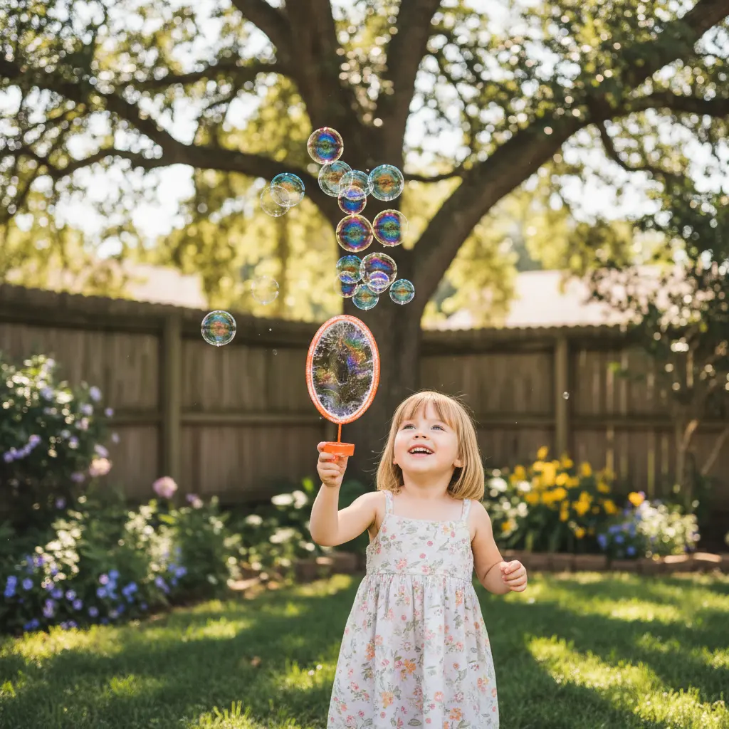 A little girl blowing soap bubbles in a backyard, sunlight making rainbow colors in the bubbles, candid photography style.