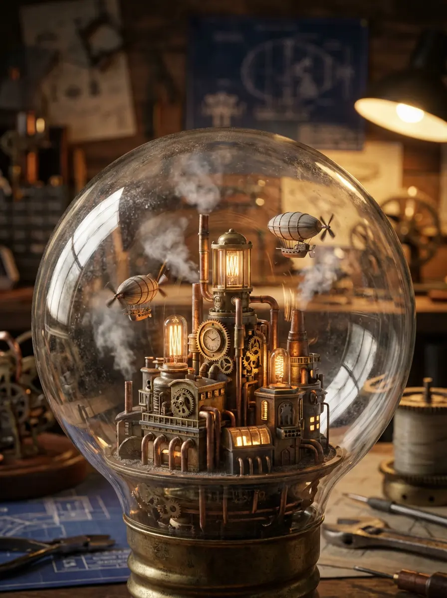 Macro photography shot. Inside an old, dusty vintage lightbulb, there is a fully functioning, multi-layered steampunk city. Tiny brass gears, steam pipes, and clockwork towers are intricately detailed. Miniature airships float around the filament. The glass of the bulb reflects the room around it (a cluttered inventor's workshop). Shallow depth of field, bokeh background, warm tungsten lighting, hyper-realistic, metallic textures.