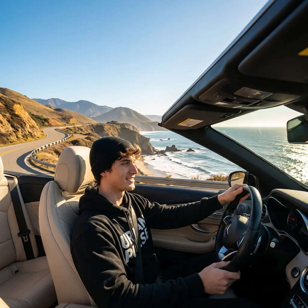make a photo of the man driving the car down the california coastline