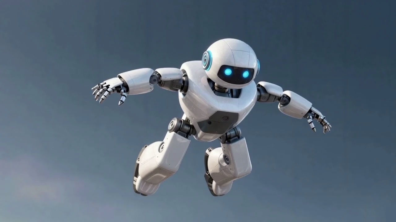 The white robot with glowing blue eyes plummets downward from the sky at high speed, wind rushing past its sleek body. It stretches one arm forward like a superhero dive. As it approaches a futuristic cityscape below, thrusters ignite from its feet emitting bright blue plasma flames, decelerating rapidly. It lands with a powerful three-point stance on a rooftop — one fist slamming into the concrete, sending cracks radiating outward and debris flying. Its blue eyes flicker and intensify as it slowly rises to standing. Camera follows the descent in a continuous vertical tracking shot, then switches to low-angle on impact. Cinematic sci-fi, Michael Bay impact shot, 4K.