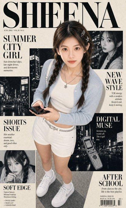 
Shinning
@Shinning1010
·
20小时
Prompt：

Create a vertical photorealistic Y2K editorial fashion magazine cover portrait for social media. Use the uploaded portrait photo as the appearance reference for the person, with strong facial likeness as the top priority. Preserve the same soft oval face, warm brown eyes, straight natural brows, gentle nose shape, small natural lips, fair warm skin tone, calm approachable expression, and natural dark brown hair direction from the uploaded portrait photo.

Keep the face realistic and close to the portrait, not doll-like, not anime, not a different model. Style the hair with a soft center part, loose face-framing strands, and relaxed long twin braids or low braided sections. Use clean natural editorial makeup, soft glossy lips, no heavy smoky makeup, and no exaggerated eyelashes.

Create a layered Y2K fashion magazine collage cover with cream paper texture, black-and-white editorial image panels, bold serif masthead, clean article blocks, small columns, subtle halftone, print grain, and high-contrast black-and-cream layout. The large readable masthead at the top must read exactly “SHEENA”. Add stylish readable cover lines: “SUMMER CITY GIRL”, “NEW WAVE STYLE”, “WHITE SHORTS ISSUE”, “DIGITAL MUSE”, “SOFT EDGE”, and “AFTER SCHOOL”.

Outfit: cute, sharp, polished Y2K summer street-fashion look with flattering clean white high-waisted tailored shorts, slightly A-line, mid-thigh length, structured but fresh and feminine. Pair with a fitted white cropped baby tee or slim pale top, cropped light-wash denim jacket or cropped soft cardigan, slim silver belt or subtle belt detail, small silver hair clips, layered silver necklace, white crew socks, and clean sporty white sneakers.

Composition: dramatic high-angle full-body-to-three-quarter portrait, the subject looking up toward the camera, casually holding a black smartphone, legs visible to show the white shorts and sneakers, body centered over the magazine-cover collage.

Lighting and mood: direct-camera flash, crisp shadows, glossy highlights, realistic skin texture, downtown Y2K editorial snapshot energy, stylish but natural. Palette: cream paper, black typography, charcoal collage panels, white outfit details, pale denim blue, white socks and sneakers, cool silver accessories, warm natural skin tones. No watermark, no external brand logo, no signature.

Negative Prompt：

wrong identity, different person, doll face, anime face, overly large eyes, heavy glam makeup, exaggerated eyelashes, plastic skin, over-smoothed skin, blurry face, low detail, asymmetrical eyes, warped body, broken anatomy, distorted hands, extra fingers, fused fingers, deformed phone, ugly shorts, bulky shorts, wrinkled awkward shorts, dark shorts, long pants, skirt, dress, leather shoes, loafers, black dress shoes, boots, bulky outfit, leopard print, watermark, external logo, signature, misspelled SHEENA, unreadable masthead, random gibberish main title, messy layout, low-resolution print, heavy compression artifacts