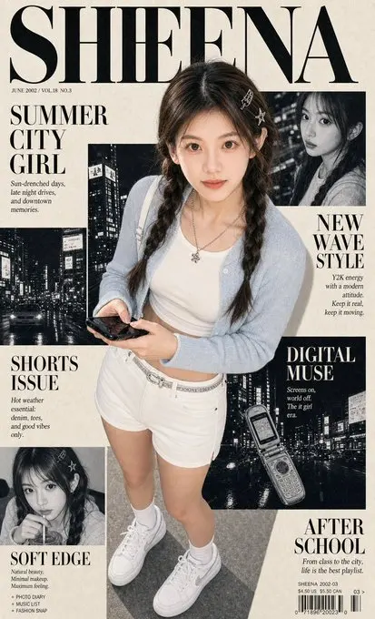 Shinning
@Shinning1010
·
20小时
Prompt:
Create a vertical photorealistic Y2K editorial fashion magazine cover portrait for social media. Use the uploaded portrait photo as the appearance reference for the person, with strong facial likeness as the top priority. Preserve the same soft oval face, warm brown eyes, straight natural brows, gentle nose shape, small natural lips, fair warm skin tone, calm approachable expression, and natural dark brown hair direction from the uploaded portrait photo.
Keep the face realistic and close to the portrait, not doll-like, not anime, not a different model. Style the hair with a soft center part, loose face-framing strands, and relaxed long twin braids or low braided sections. Use clean natural editorial makeup, soft glossy lips, no heavy smoky makeup, and no exaggerated eyelashes.
Create a layered Y2K fashion magazine collage cover with cream paper texture, black-and-white editorial image panels, bold serif masthead, clean article blocks, small columns, subtle halftone, print grain, and high-contrast black-and-cream layout. The large readable masthead at the top must read exactly “SHEENA”. Add stylish readable cover lines: “SUMMER CITY GIRL”, “NEW WAVE STYLE”, “WHITE SHORTS ISSUE”, “DIGITAL MUSE”, “SOFT EDGE”, and “AFTER SCHOOL”.
Outfit: cute, sharp, polished Y2K summer street-fashion look with flattering clean white high-waisted tailored shorts, slightly A-line, mid-thigh length, structured but fresh and feminine. Pair with a fitted white cropped baby tee or slim pale top, cropped light-wash denim jacket or cropped soft cardigan, slim silver belt or subtle belt detail, small silver hair clips, layered silver necklace, white crew socks, and clean sporty white sneakers.
Composition: dramatic high-angle full-body-to-three-quarter portrait, the subject looking up toward the camera, casually holding a black smartphone, legs visible to show the white shorts and sneakers, body centered over the magazine-cover collage.
Lighting and mood: direct-camera flash, crisp shadows, glossy highlights, realistic skin texture, downtown Y2K editorial snapshot energy, stylish but natural. Palette: cream paper, black typography, charcoal collage panels, white outfit details, pale denim blue, white socks and sneakers, cool silver accessories, warm natural skin tones. No watermark, no external brand logo, no signature.
Negative Prompt:
wrong identity, different person, doll face, anime face, overly large eyes, heavy glam makeup, exaggerated eyelashes, plastic skin, over-smoothed skin, blurry face, low detail, asymmetrical eyes, warped body, broken anatomy, distorted hands, extra fingers, fused fingers, deformed phone, ugly shorts, bulky shorts, wrinkled awkward shorts, dark shorts, long pants, skirt, dress, leather shoes, loafers, black dress shoes, boots, bulky outfit, leopard print, watermark, external logo, signature, misspelled SHEENA, unreadable masthead, random gibberish main title, messy layout, low-resolution print, heavy compression artifacts