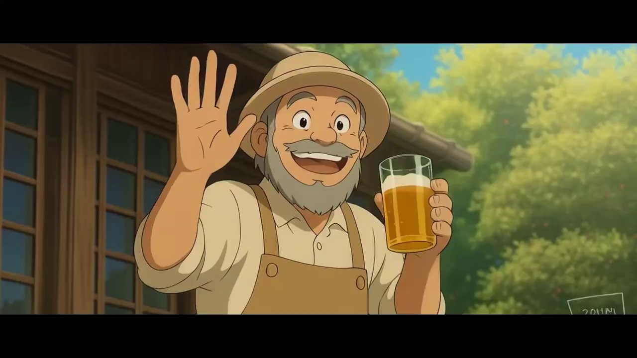 Anime-style cheerful elderly man with gray beard, straw hat, holding a glass of beer and waving, standing in front of wooden house, sunlit trees in background, warm and festive outdoor atmosphere