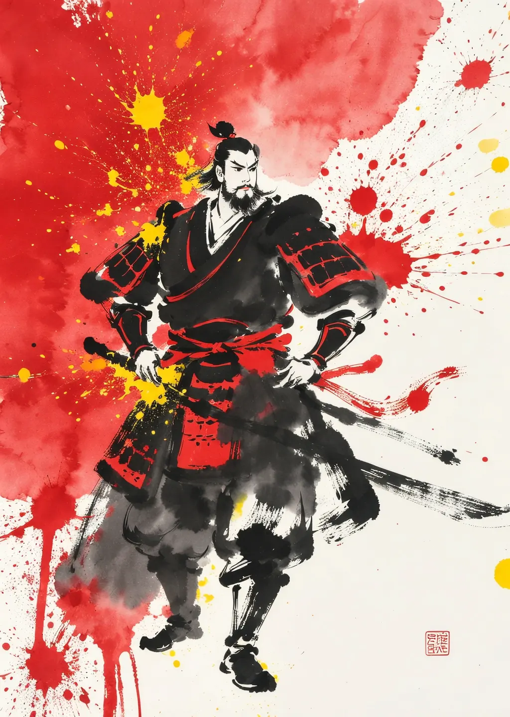 A Sumi-e Inspired Watercolor portrayal of warrior, blending traditional East Asian ink wash techniques with modern watercolor splashes. Use primarily red with accents of yellow for a minimalist yet expressive composition