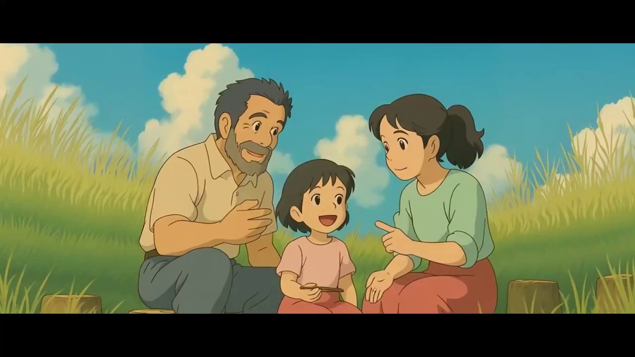 Anime style family of three sitting on tree stumps in a sunny grassy field, blue sky with fluffy clouds, warm lighting, joyful expressions, tall grass swaying, peaceful and heartwarming atmosphere