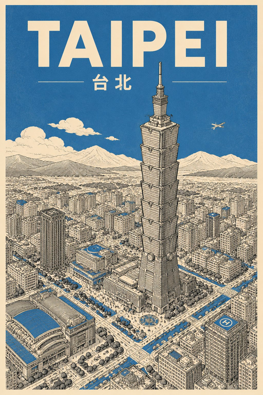 Create a vertical mid-century travel poster for [CITY NAME] featuring [LANDMARK]. Use a strict 3-color palette: cream paper, black technical linework, and [COLOR].
Style: Minimalist isometric bird's-eye view with ultra-fine hatching and screen-print texture.
Color usage: Solid flat [COLOR] for the entire sky and small accents on roofs or streets. No gradients.
Text: Bold sans-serif "[CITY NAME]" at top in cream, with the local language name in smaller cream text below.