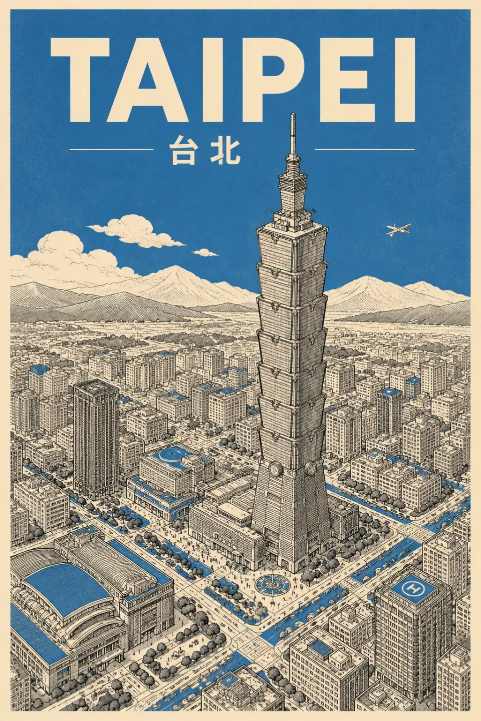 Create a vertical mid-century travel poster for [CITY NAME] featuring [LANDMARK]. Use a strict 3-color palette: cream paper, black technical linework, and [COLOR].
Style: Minimalist isometric bird's-eye view with ultra-fine hatching and screen-print texture.
Color usage: Solid flat [COLOR] for the entire sky and small accents on roofs or streets. No gradients.
Text: Bold sans-serif "[CITY NAME]" at top in cream, with the local language name in smaller cream text below.