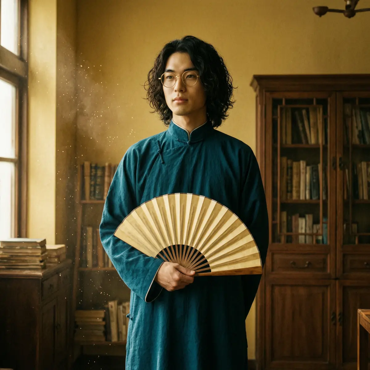 [Basic Facial Description] The character's appearance is based on Reference Figure 1, wearing a dark cyan long gown, round gold-rimmed glasses, and holding a folding fan. The background is an old Shanghai study room with wooden bookshelves, warm yellow tones, vintage film texture, soft side lighting, dust particles dancing in the light beams, cultural atmosphere, quiet and restrained. Shot on Hasselblad medium format, 85mm lens, high resolution, cinematic color grading, Wong Kar-wai style.
Props: Folding fan / Thread-bound book / Round-frame glasses
Color Palette: Warm yellow / Dark cyan / Sepia
