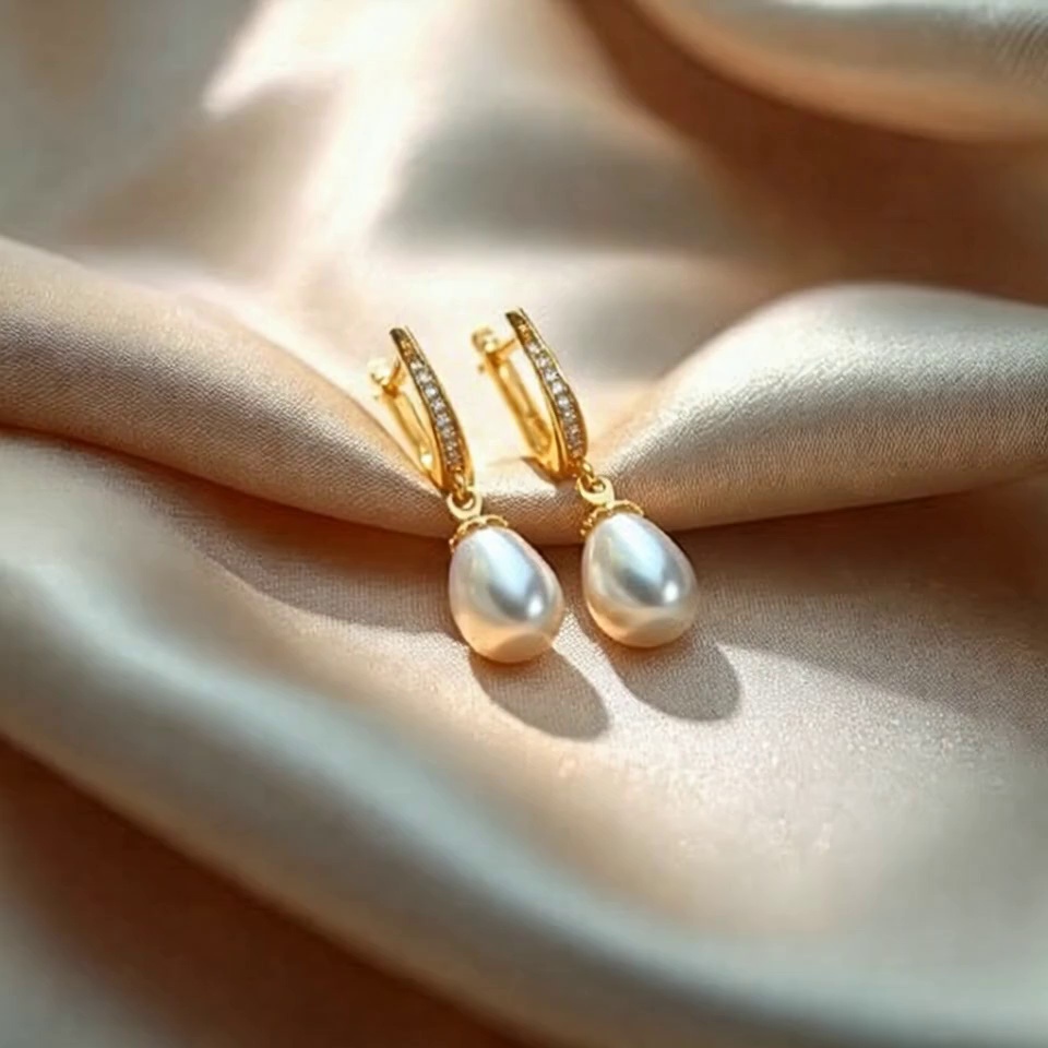 A close-up video clip based on the provided image, showing the pair of gold hoop earrings with pave diamonds and teardrop pearl drops resting on the beige silk fabric. The earrings gently sway and shift slightly, as if caught in a soft, slow breeze. The movement is subtle and natural. The silk fabric folds also ripple and move slowly. The lighting is soft, diffused, and natural, creating a matte finish on the gold and a gentle luster on the pearls without any harsh glares, sparkles, or bright reflections. The camera remains steady, focused on the moving earrings.