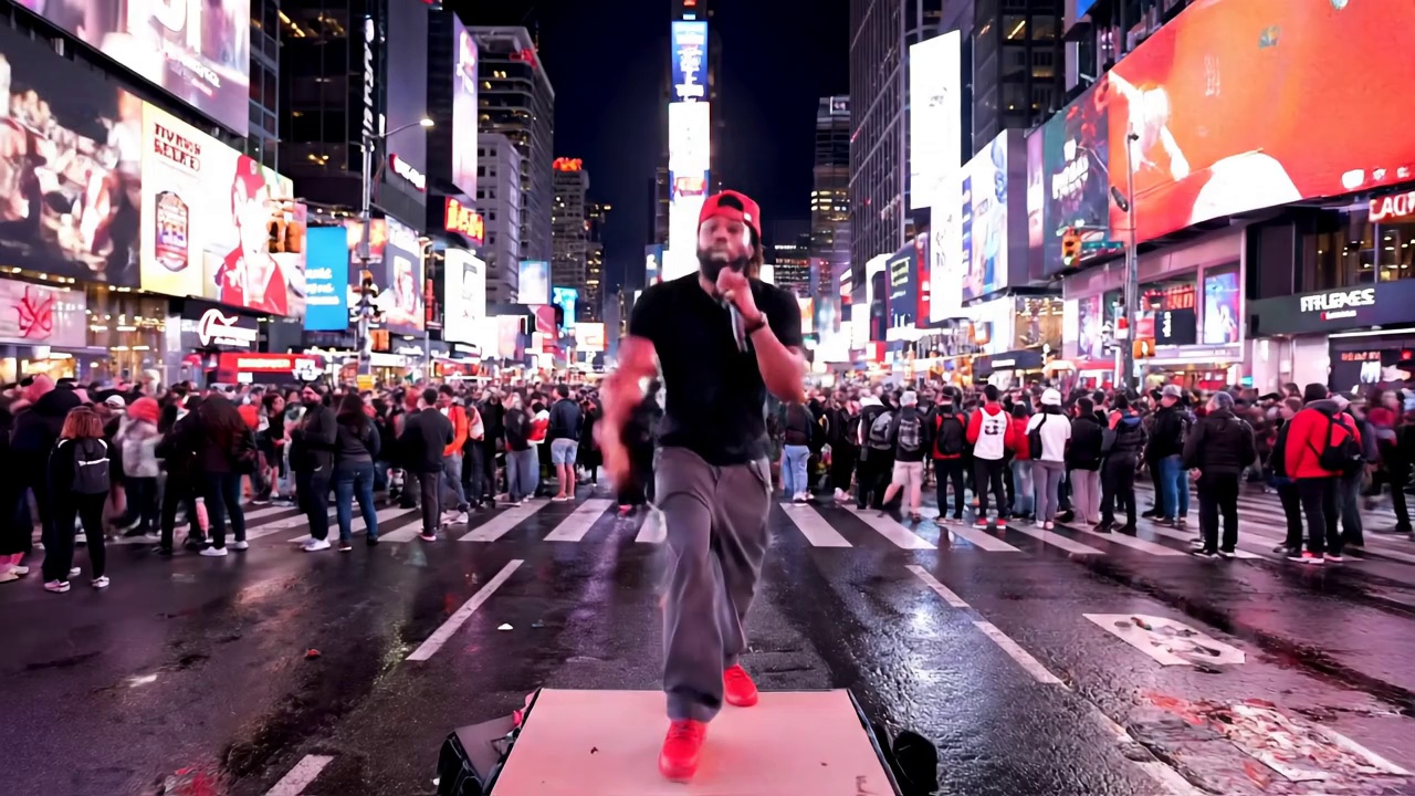 An energetic street performer in Times Square grabs the mic and yells toward the crowd with wide eyes:“Yo! Google Veo 3 Fast just dropped on WaveSpeed AI! It’s REAL as hell! Sound and texture are NEXT LEVEL! Try it right now!!”Crowd ambience, city lights, wild gestures, fast jump cuts.