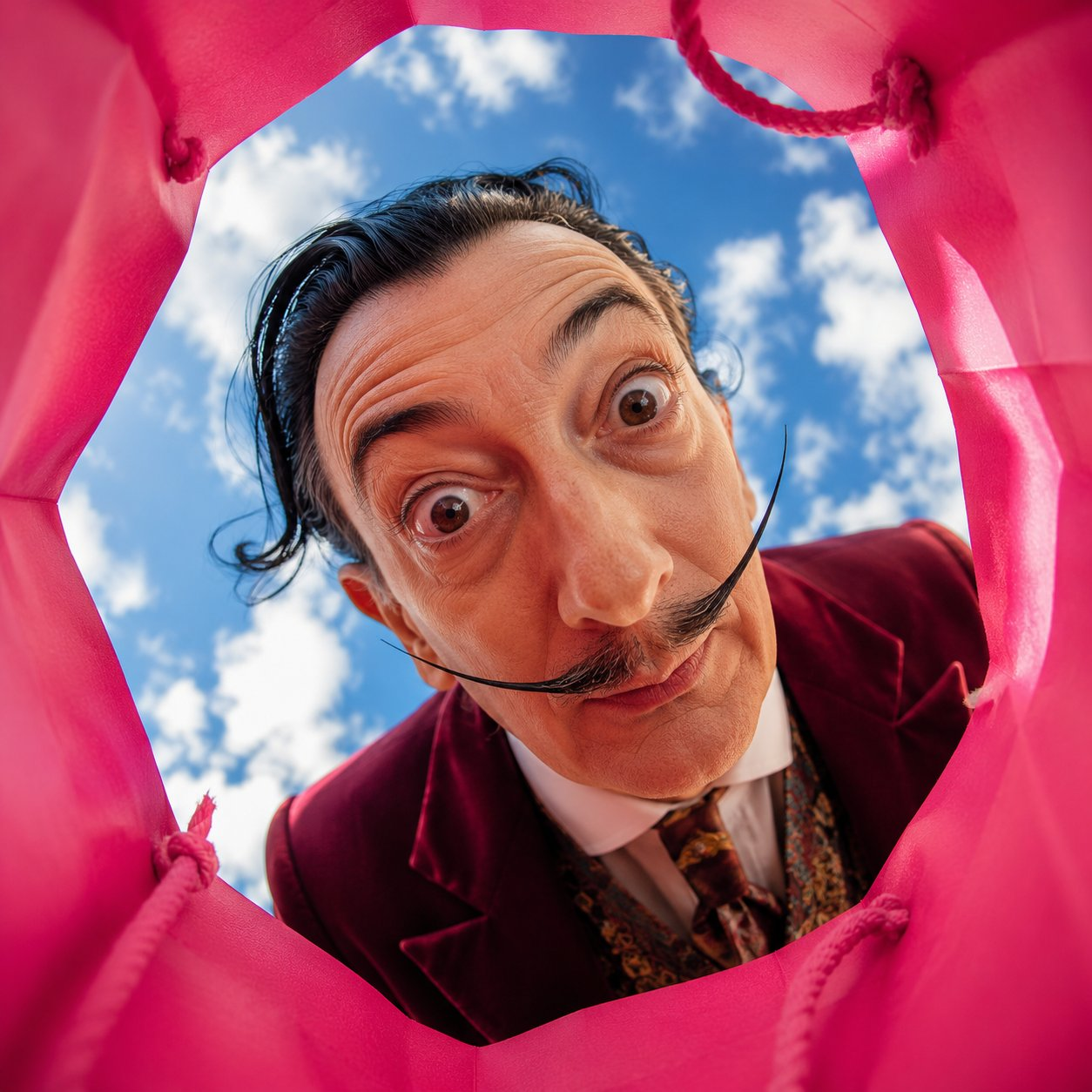 Create a vibrant, adorable, high-end advertising photo shot from inside a shopping bag, looking upward through the wide open top toward the sky.

The camera is placed deep inside the shopping bag, using a wide-angle lens at f/1.4 to create a playful close-up perspective with slight but charming wide-angle distortion. This distortion is important and must be clearly preserved, giving the image a fun, immersive, premium-advertising feel. The edges of the shopping bag should naturally frame the image, showing premium paper texture, soft folds, handles, and a clean commercial packaging aesthetic.

The shopping bag should be a high-saturation color, with the model randomly choosing a vivid tone such as hot pink, saturated yellow, blood orange, cobalt blue, vivid green, electric purple, deep cyan, or other bold commercial colors. The overall image should feel bright, cheerful, colorful, and visually striking.

Main subject:
If FACE_REF is uploaded:
Strictly preserve the uploaded person’s facial identity with 100% fidelity. Maintain the exact facial structure, eyes, eyelids, nose, lips, jawline, cheekbones, skin texture, age impression, hairstyle tendency, and overall identity. No beautification drift, no face reshaping, no age change, no ethnicity change, and no invented features.

If only PERSON_NAME is provided:
Create a highly recognizable portrait based on the public image of [周星驰], preserving their iconic facial features, hairstyle, expression tendency, posture, and personal aura as faithfully as possible.

The person leans deeply into the shopping bag from above, fully immersing their head into the opening as if curiously discovering something inside. Their face is very close to the camera lens, looking directly into it with wide, soulful, endearing eyes and a warm, adorable expression. The pose should feel playful, intimate, and heart-melting, as if they are curiously peeking into the bag and unexpectedly making eye contact with the viewer.

Lighting should feel bright, natural, and uplifting, with soft sunlight from the sky above. The image should maximize cuteness, charm, and “aww” factor while still feeling like a polished luxury advertising photo. The final result should instantly make the viewer smile.