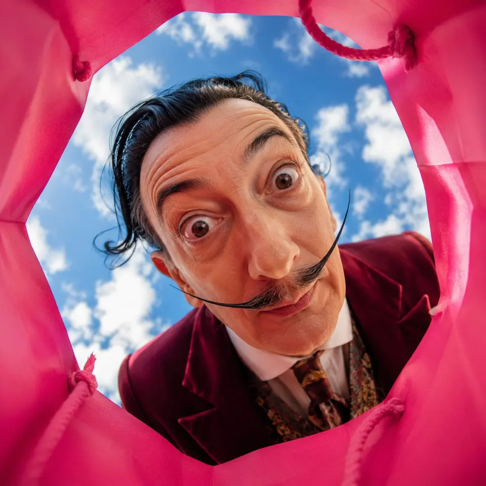 Create a vibrant, adorable, high-end advertising photo shot from inside a shopping bag, looking upward through the wide open top toward the sky.

The camera is placed deep inside the shopping bag, using a wide-angle lens at f/1.4 to create a playful close-up perspective with slight but charming wide-angle distortion. This distortion is important and must be clearly preserved, giving the image a fun, immersive, premium-advertising feel. The edges of the shopping bag should naturally frame the image, showing premium paper texture, soft folds, handles, and a clean commercial packaging aesthetic.

The shopping bag should be a high-saturation color, with the model randomly choosing a vivid tone such as hot pink, saturated yellow, blood orange, cobalt blue, vivid green, electric purple, deep cyan, or other bold commercial colors. The overall image should feel bright, cheerful, colorful, and visually striking.

Main subject:
If FACE_REF is uploaded:
Strictly preserve the uploaded person’s facial identity with 100% fidelity. Maintain the exact facial structure, eyes, eyelids, nose, lips, jawline, cheekbones, skin texture, age impression, hairstyle tendency, and overall identity. No beautification drift, no face reshaping, no age change, no ethnicity change, and no invented features.

If only PERSON_NAME is provided:
Create a highly recognizable portrait based on the public image of [周星驰], preserving their iconic facial features, hairstyle, expression tendency, posture, and personal aura as faithfully as possible.

The person leans deeply into the shopping bag from above, fully immersing their head into the opening as if curiously discovering something inside. Their face is very close to the camera lens, looking directly into it with wide, soulful, endearing eyes and a warm, adorable expression. The pose should feel playful, intimate, and heart-melting, as if they are curiously peeking into the bag and unexpectedly making eye contact with the viewer.

Lighting should feel bright, natural, and uplifting, with soft sunlight from the sky above. The image should maximize cuteness, charm, and “aww” factor while still feeling like a polished luxury advertising photo. The final result should instantly make the viewer smile.