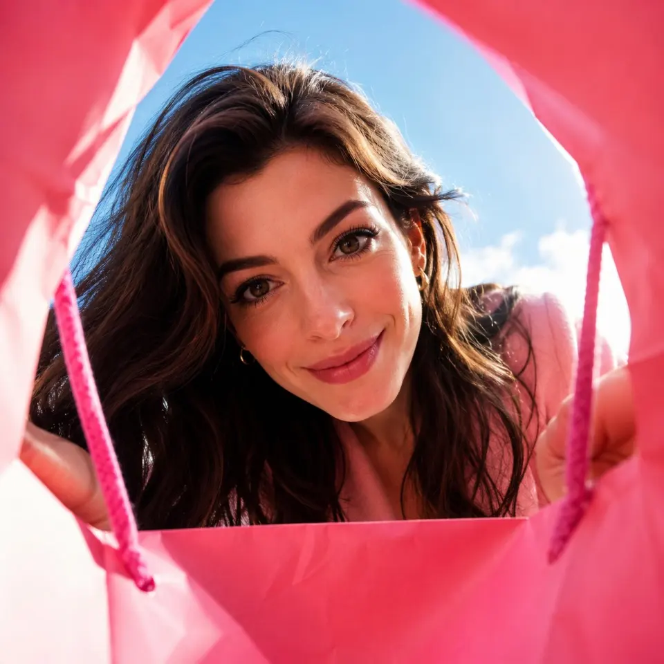 Create a vibrant, adorable, high-end advertising photo shot from inside a shopping bag, looking upward through the wide open top toward the sky.

The camera is placed deep inside the shopping bag, using a wide-angle lens at f/1.4 to create a playful close-up perspective with slight but charming wide-angle distortion. This distortion is important and must be clearly preserved, giving the image a fun, immersive, premium-advertising feel. The edges of the shopping bag should naturally frame the image, showing premium paper texture, soft folds, handles, and a clean commercial packaging aesthetic.

The shopping bag should be a high-saturation color, with the model randomly choosing a vivid tone such as hot pink, saturated yellow, blood orange, cobalt blue, vivid green, electric purple, deep cyan, or other bold commercial colors. The overall image should feel bright, cheerful, colorful, and visually striking.

Main subject:
If FACE_REF is uploaded:
Strictly preserve the uploaded person’s facial identity with 100% fidelity. Maintain the exact facial structure, eyes, eyelids, nose, lips, jawline, cheekbones, skin texture, age impression, hairstyle tendency, and overall identity. No beautification drift, no face reshaping, no age change, no ethnicity change, and no invented features.

If only PERSON_NAME is provided:
Create a highly recognizable portrait based on the public image of [周星驰], preserving their iconic facial features, hairstyle, expression tendency, posture, and personal aura as faithfully as possible.

The person leans deeply into the shopping bag from above, fully immersing their head into the opening as if curiously discovering something inside. Their face is very close to the camera lens, looking directly into it with wide, soulful, endearing eyes and a warm, adorable expression. The pose should feel playful, intimate, and heart-melting, as if they are curiously peeking into the bag and unexpectedly making eye contact with the viewer.

Lighting should feel bright, natural, and uplifting, with soft sunlight from the sky above. The image should maximize cuteness, charm, and “aww” factor while still feeling like a polished luxury advertising photo. The final result should instantly make the viewer smile.