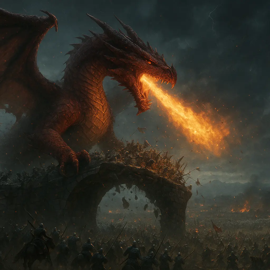 Epic fantasy battle scene. A colossal, fire-breathing red dragon is locked in combat with hundreds of tiny knights on a crumbling medieval castle bridge. Below, a vast army clashes on the battlefield under a stormy, dark sky lit by dragon fire. Matte painting, hyper-detailed, cinematic lighting.