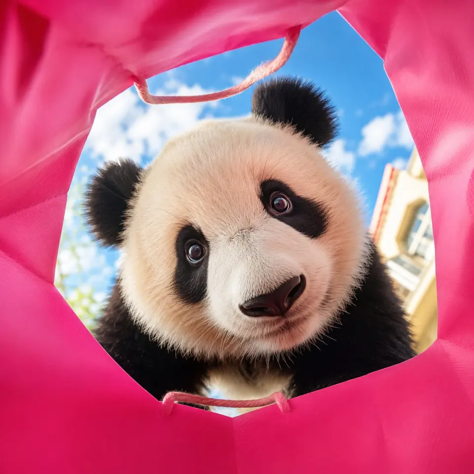Create a vibrant, adorable, high-end advertising photo shot from inside a shopping bag, looking upward through the wide open top toward the sky.

The camera is placed deep inside the shopping bag, using a wide-angle lens at f/1.4 to create a playful close-up perspective with slight but charming wide-angle distortion. This distortion is important and must be clearly preserved, giving the image a fun, immersive, premium-advertising feel. The edges of the shopping bag should naturally frame the image, showing premium paper texture, soft folds, handles, and a clean commercial packaging aesthetic.

The shopping bag should be a high-saturation color, with the model randomly choosing a vivid tone such as hot pink, saturated yellow, blood orange, cobalt blue, vivid green, electric purple, deep cyan, or other bold commercial colors. The overall image should feel bright, cheerful, colorful, and visually striking.

Main subject:
If FACE_REF is uploaded:
Strictly preserve the uploaded person’s facial identity with 100% fidelity. Maintain the exact facial structure, eyes, eyelids, nose, lips, jawline, cheekbones, skin texture, age impression, hairstyle tendency, and overall identity. No beautification drift, no face reshaping, no age change, no ethnicity change, and no invented features.

If only PERSON_NAME is provided:
Create a highly recognizable portrait based on the public image of [周星驰], preserving their iconic facial features, hairstyle, expression tendency, posture, and personal aura as faithfully as possible.

The person leans deeply into the shopping bag from above, fully immersing their head into the opening as if curiously discovering something inside. Their face is very close to the camera lens, looking directly into it with wide, soulful, endearing eyes and a warm, adorable expression. The pose should feel playful, intimate, and heart-melting, as if they are curiously peeking into the bag and unexpectedly making eye contact with the viewer.

Lighting should feel bright, natural, and uplifting, with soft sunlight from the sky above. The image should maximize cuteness, charm, and “aww” factor while still feeling like a polished luxury advertising photo. The final result should instantly make the viewer smile.