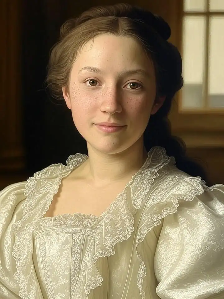Hyper-realistic classical oil painting portrait of a 24-year-old East Asian woman with porcelain skin and subtle freckles, wearing 18th century European aristocratic attire with intricate lace and pearls, soft Rembrandt lighting, dramatic chiaroscuro, individual strands of hair, micro skin texture, in the style of John Singer Sargent and Bouguereau, museum quality, 8K