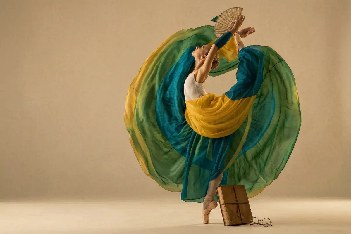 Color-match the skirt in Figure 1 according to the colors of the bird in Figure 2, full of artistic sense, keeping the clothing style unchanged and the model unchanged.Props: Folding fan / Thread-bound book / Round-frame glasses
Color Palette: Warm yellow / Dark cyan / Sepia