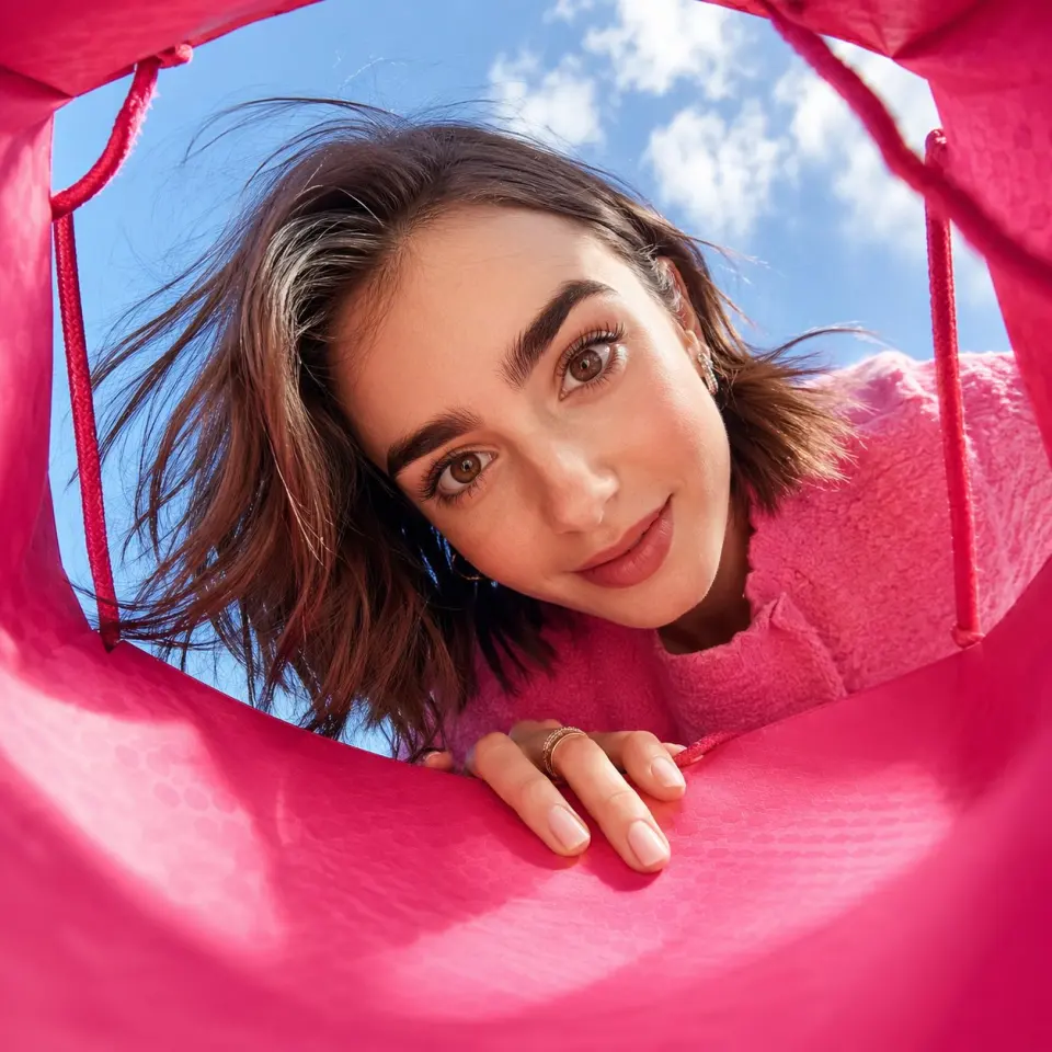 Create a vibrant, adorable, high-end advertising photo shot from inside a shopping bag, looking upward through the wide open top toward the sky.

The camera is placed deep inside the shopping bag, using a wide-angle lens at f/1.4 to create a playful close-up perspective with slight but charming wide-angle distortion. This distortion is important and must be clearly preserved, giving the image a fun, immersive, premium-advertising feel. The edges of the shopping bag should naturally frame the image, showing premium paper texture, soft folds, handles, and a clean commercial packaging aesthetic.

The shopping bag should be a high-saturation color, with the model randomly choosing a vivid tone such as hot pink, saturated yellow, blood orange, cobalt blue, vivid green, electric purple, deep cyan, or other bold commercial colors. The overall image should feel bright, cheerful, colorful, and visually striking.

Main subject:
If FACE_REF is uploaded:
Strictly preserve the uploaded person’s facial identity with 100% fidelity. Maintain the exact facial structure, eyes, eyelids, nose, lips, jawline, cheekbones, skin texture, age impression, hairstyle tendency, and overall identity. No beautification drift, no face reshaping, no age change, no ethnicity change, and no invented features.

If only PERSON_NAME is provided:
Create a highly recognizable portrait based on the public image of [周星驰], preserving their iconic facial features, hairstyle, expression tendency, posture, and personal aura as faithfully as possible.

The person leans deeply into the shopping bag from above, fully immersing their head into the opening as if curiously discovering something inside. Their face is very close to the camera lens, looking directly into it with wide, soulful, endearing eyes and a warm, adorable expression. The pose should feel playful, intimate, and heart-melting, as if they are curiously peeking into the bag and unexpectedly making eye contact with the viewer.

Lighting should feel bright, natural, and uplifting, with soft sunlight from the sky above. The image should maximize cuteness, charm, and “aww” factor while still feeling like a polished luxury advertising photo. The final result should instantly make the viewer smile.