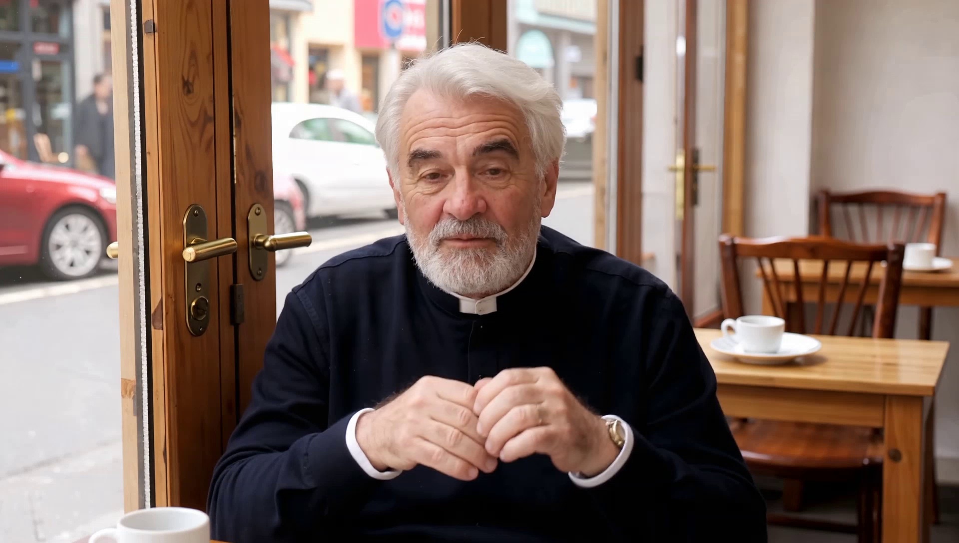 Inside a café, a close-up of an elderly man sitting in contemplation. His gaze is focused, expression shifting from thoughtful to a faint smile. He brushes back his hair, clasps his hands under his chin, then lowers them and leans forward. His eyes seem to search—and find—an answer. Finally, he squints slightly, revealing a contented, knowing smile.