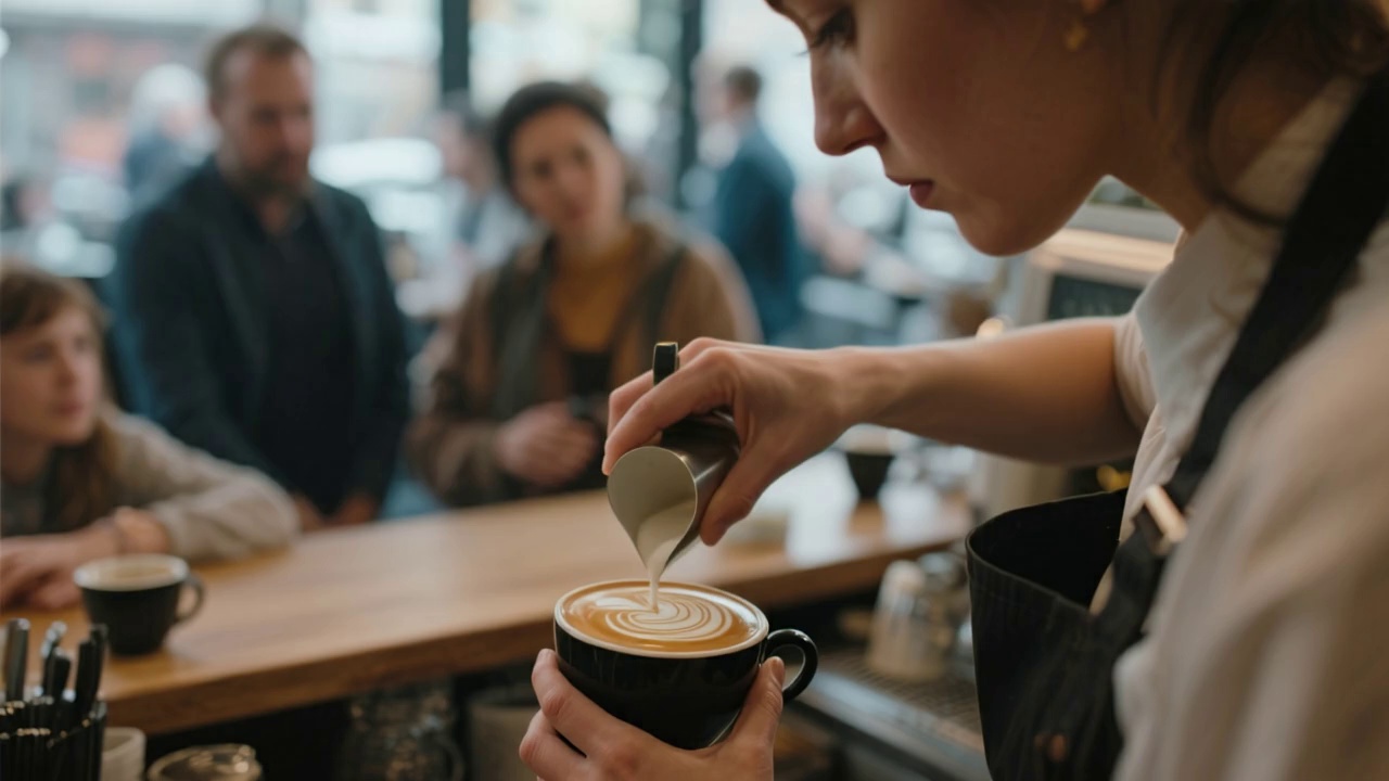 A cinematic close-up of a barista crafting latte art in a bustling coffee shop. The scene alternates between her focused, skilled hands and customers watching appreciatively, highlighting the artistry and dedication in everyday routines.