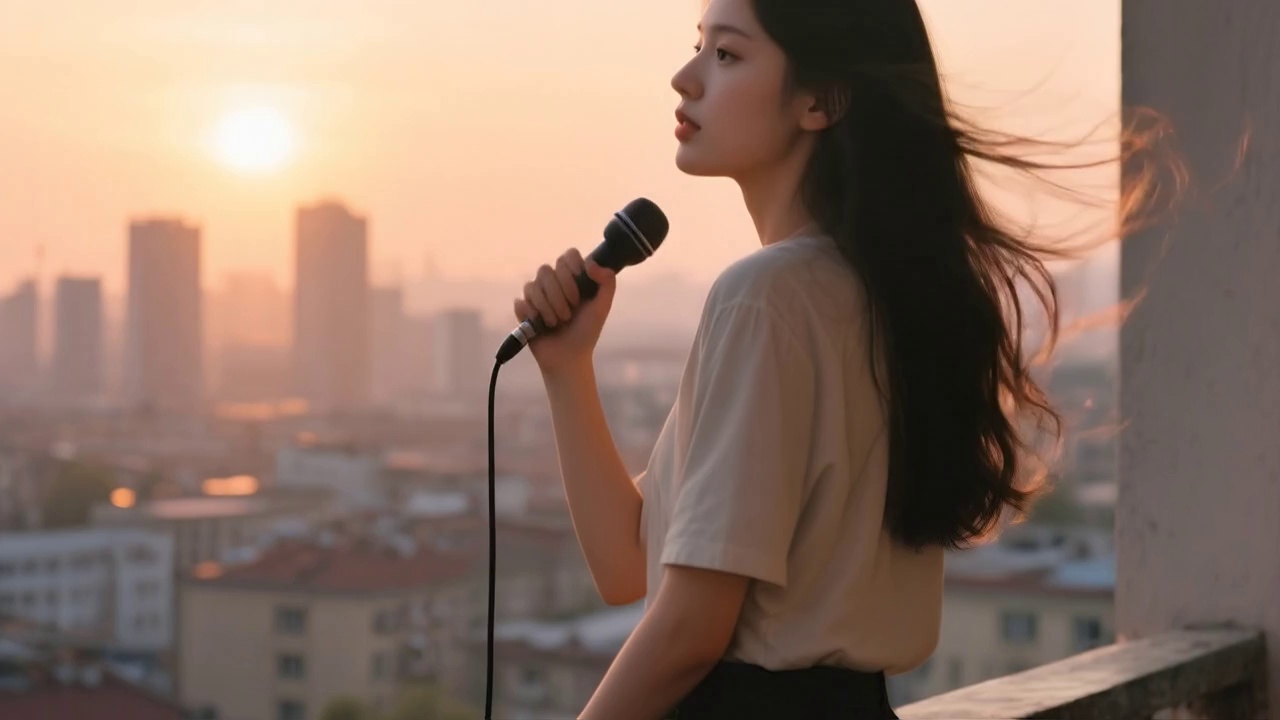 A young woman standing at a balcony at sunrise, overlooking a quiet city. Wind gently rustles her hair. She speaks softly into a mic: 'Another day begins... I wonder what today will bring.
