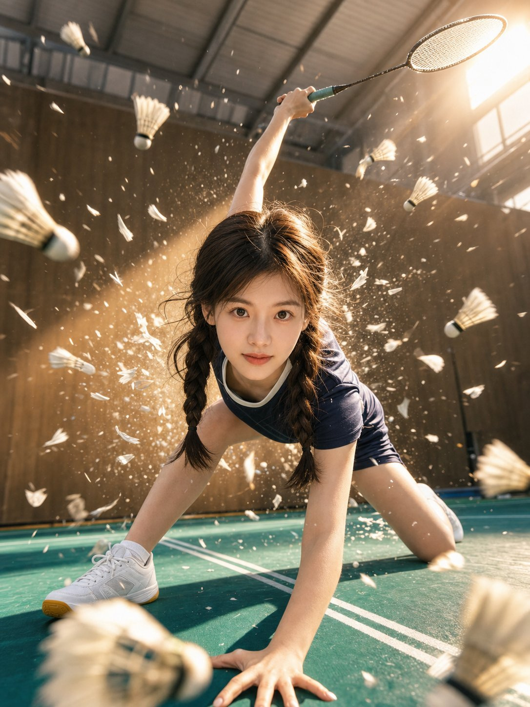 Asset type: portrait image for social post
Primary request: create a photorealistic cinematic sports portrait, using the uploaded portrait photo as the appearance reference for the person.
Scene/backdrop: an indoor badminton court with green floor, high metal roof, warm late-afternoon sunlight blasting in from the upper right, background kept realistic but free of readable signs or brand marks.
Subject: a young woman in badminton sportswear, captured in a dramatic low-angle action pose close to the floor, one knee down, one arm extended upward holding a badminton racket, face clearly visible and looking directly into the camera lens.
Style/medium: ultra-realistic action photography, high-speed sports editorial, dynamic frozen motion, believable skin texture, natural pores, true-to-life lighting, no plastic beauty-filter look.
Composition/framing: extreme low camera position near the court surface, wide-angle 18mm lens feel, strong perspective distortion, foreground shuttlecocks flying past the lens with motion blur, shattered feather fragments and dust-like particles exploding around the subject, centered dramatic diagonal body line, vertical 3:4 composition.
Lighting/mood: golden backlight, bright rim light on hair and arm, sharp highlights, controlled lens flare, energetic and intense.
Color palette: teal-green court, warm golden sunlight, navy or dark athletic clothing, clean white shoes and shuttlecocks.
Textures/retouching: crisp face and eyes, realistic hair strands, sweat sheen, tactile court surface, detailed shuttle feathers, cinematic contrast, shallow depth of field in the nearest foreground objects.
Constraints: preserve the person's recognizable appearance from the uploaded portrait photo; the person must look into the camera; no watermark; no logo; no text.

negative prompt：

watermark, logo, text, caption, signature, readable signage, brand marks, AI generated label, blurry face, distorted face, asymmetrical eyes, cross-eye, plastic skin, over-smoothed skin, doll face, extra fingers, missing fingers, deformed hands, broken wrist, twisted limbs, extra limbs, duplicate racket, malformed racket, impossible anatomy, messy teeth, low detail, low resolution, flat lighting, bad perspective, cluttered background, cropped face, face hidden, looking away from camera