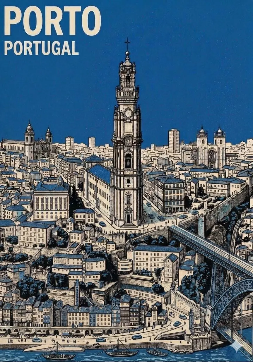 Create a vertical mid-century travel poster for [CITY NAME] featuring [LANDMARK]. Use a strict 3-color palette: cream paper, black technical linework, and [COLOR].
Style: Minimalist isometric bird's-eye view with ultra-fine hatching and screen-print texture.
Color usage: Solid flat [COLOR] for the entire sky and small accents on roofs or streets. No gradients.
Text: Bold sans-serif "[CITY NAME]" at top in cream, with the local language name in smaller cream text below.