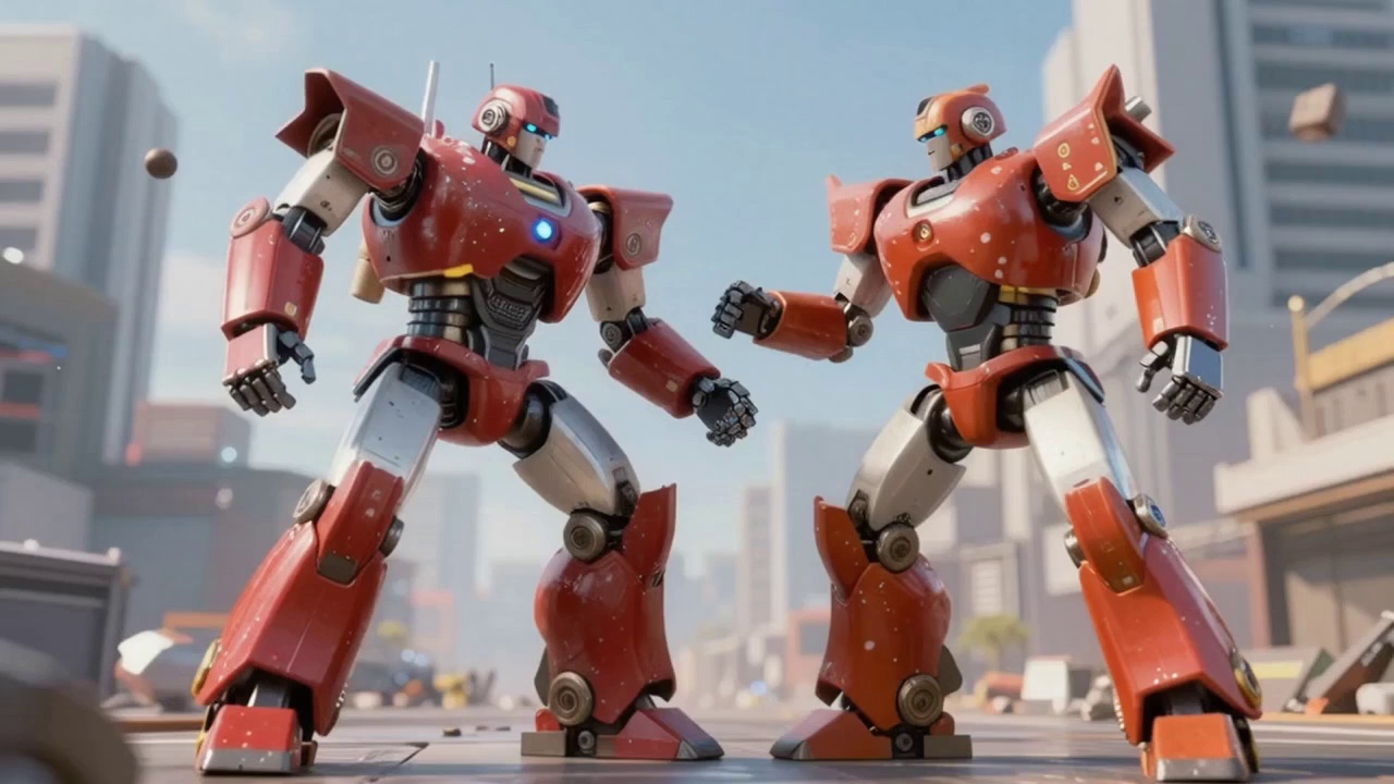 Two red battle mechs stand facing each other on a destroyed city street, debris floating in the air. The left mech's chest glows blue, powering up. Suddenly the right mech lunges forward with a heavy punch, shockwave rippling outward, dust and concrete chunks exploding in slow motion. Low angle shot, cinematic action, dramatic lighting.