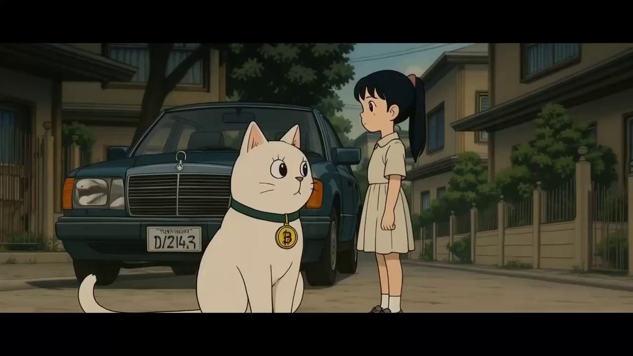 Anime-style giant white cat with Bitcoin medallion sitting in suburban street, young girl in light dress standing in front, parked car and Japanese houses in background, soft evening light, whimsical and surreal mood